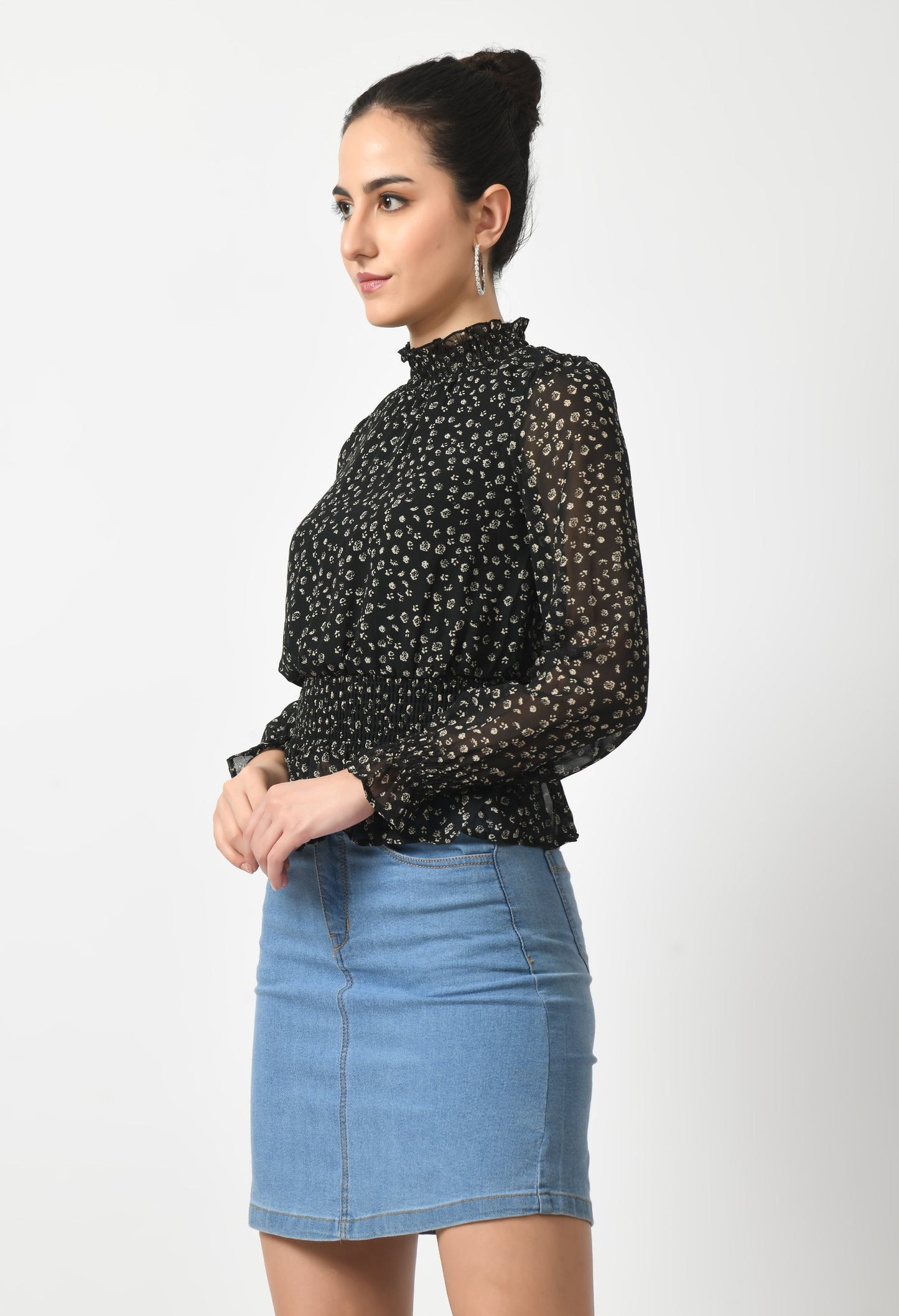 Black Printed High Neck Top