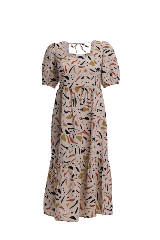 Beige Printed Linen Dress