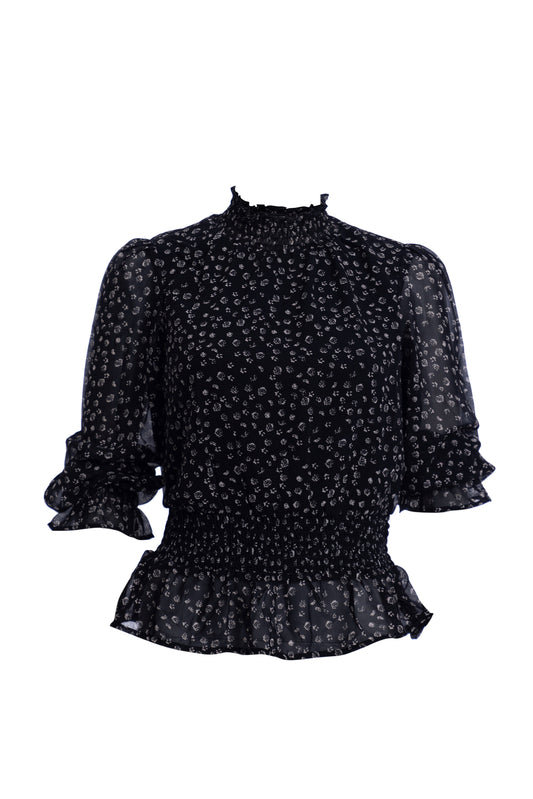 Black Print Smocking Top