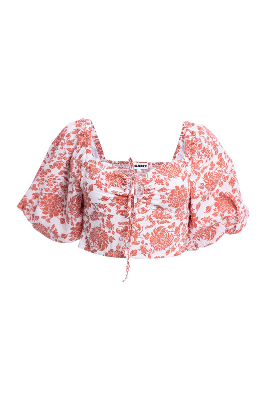 Printed Orange Puff Sleeves Crop Top